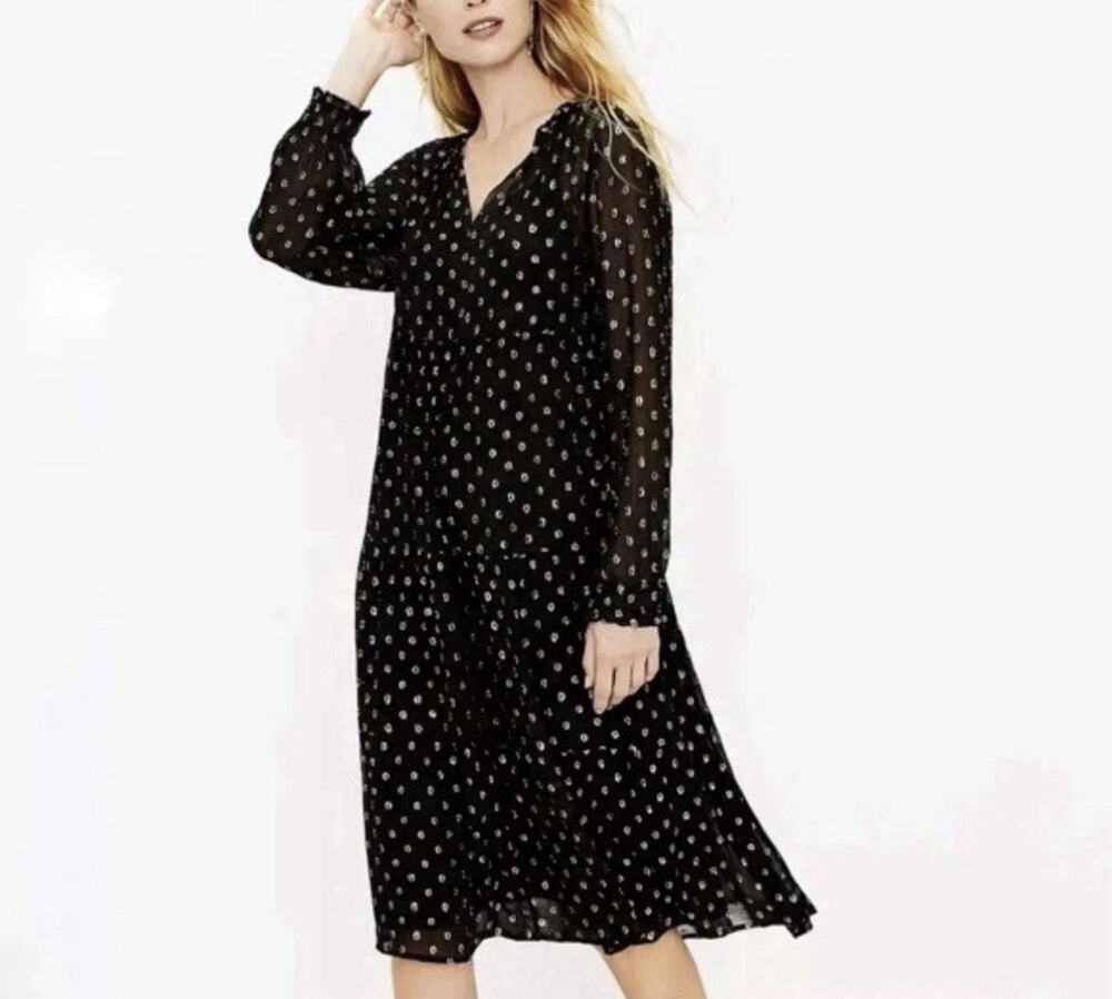 Loft Shimmer Clip Tiered Midi Dress Women's Large Black Gold Rainbow Dots Sheer